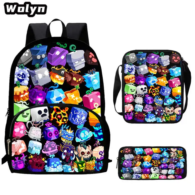 3Pcs Set Blox Printed Fruits Backpacks School Bags with Shoulder Bags Pencil Case,Printing Book Bags for Grad 1-4 Pupil Students