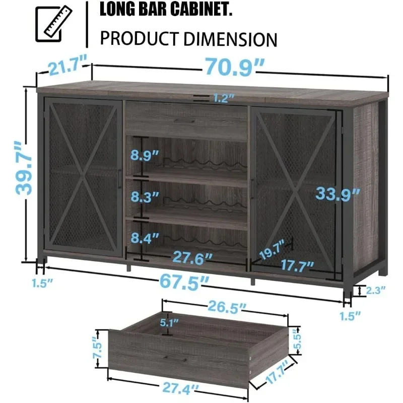 LVB Long Bar Cabinet with Fridge Space, Farmhouse Big Liquor Cabinet with Drawer Storage, Rustic Wood Metal Large Wine Cabinet