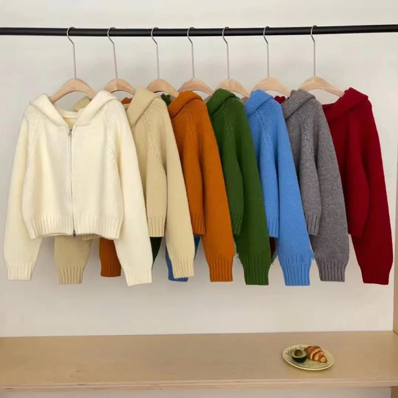 

Solid Color Knitted Zipper Cardigan for Women Autumn Winter Short Hooded Sweater Jacket Female Casual All-Match Loose Knitwear