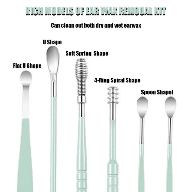 6pcs Ear Cleaner Earpick Wax Picker Stainless Steel Ear Cleaning Curette Portable Ear Pick Cleaner Kit Spoon Care Ear Clean Tool