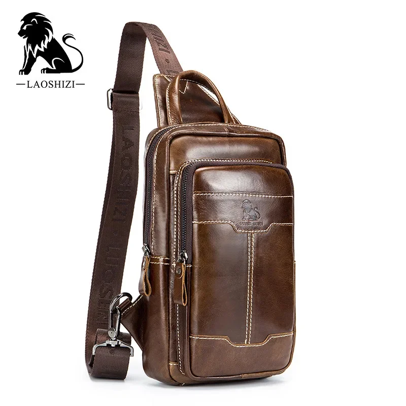 

LAOSHIZI Brand Luxury Genuine Leather Men Messenger Casual Crossbody Fashion Men's Handbag Chest Male Shoulder Bag