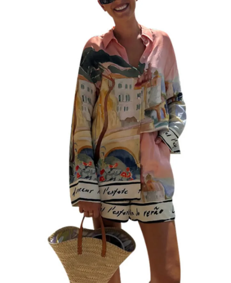 Camisa con estampado de vacaciones, pantalones cortos adecuados para mujer, camisa informal de manga larga con botones y solapa, conjunto de pantalones cortos de moda de verano 2025