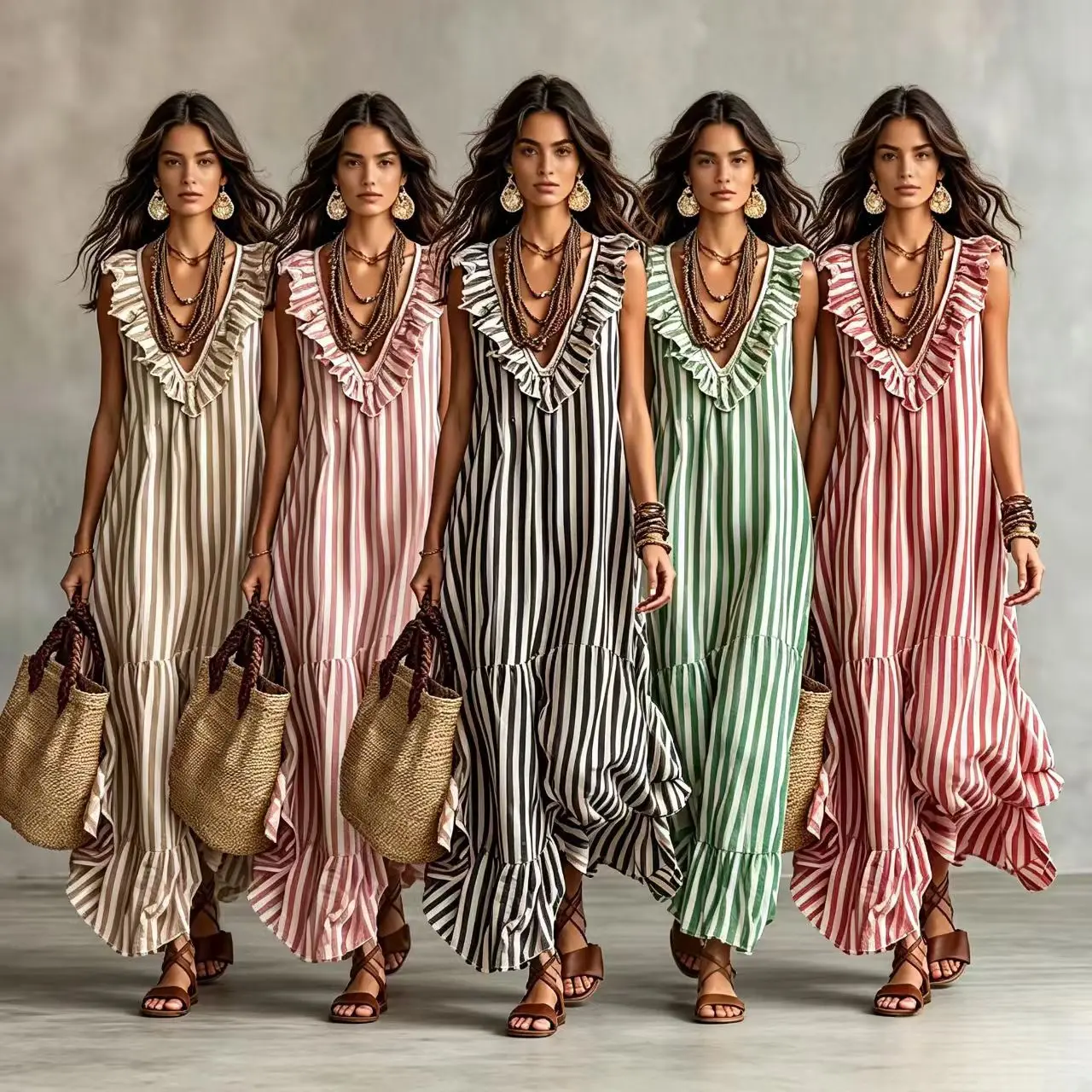 Bohemian Striped Ruffle V Neck Sleeveless Dress Summer Dresses Jumpsuit Playsuit