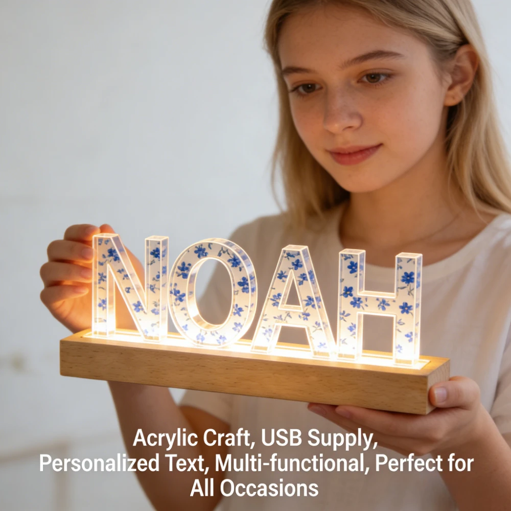 1pc Custom Text Acrylic LED Light for Girlfriend, Gift for Valentine's, Anniversary, Warm White USB Powered Lamp with Wooden Ba