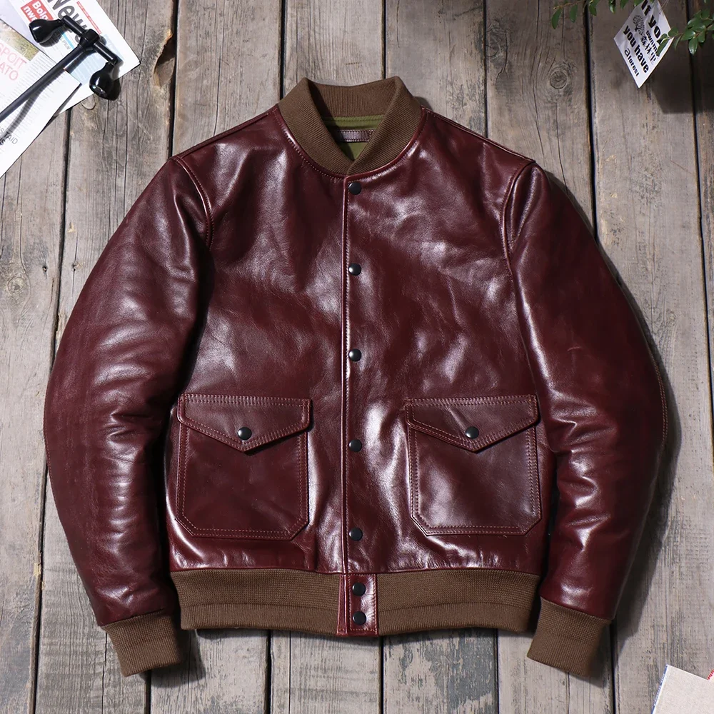 Waxed Cowhide Vintage A1Flight Jacket Leather Men's Genuine Leather Motorcycle Jacket Red Wine Khaki American Style Leather Coat