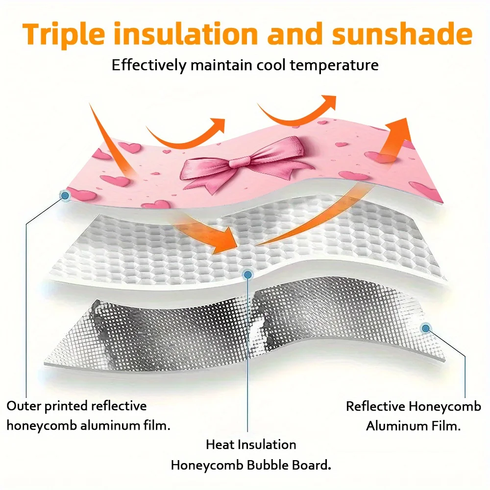 A Car Sunshade with a Pink Bow And Heart Design Featuring a High-Definition Printed Sunshade That Blocks Sunlight