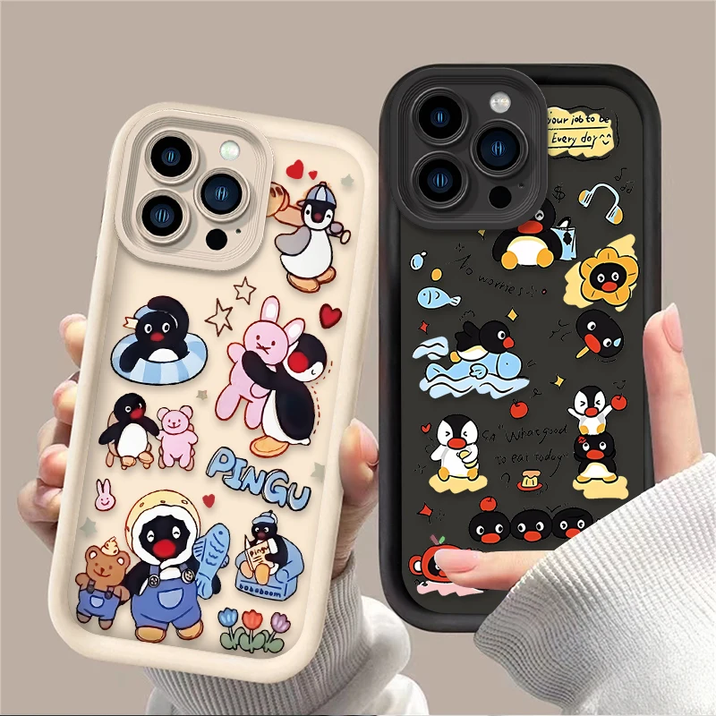 Silicone Case For iPhone 16 15 14 13 11 12 Pro Max X XS X S Max XR SE 2020 7 8 Plus iphone16 Cute Cartoon Penguin Pingu Etui