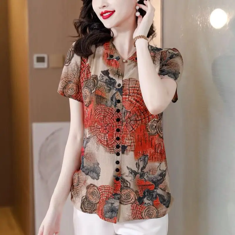 Women\'s Clothing Korean Fashion Vintage Print Elegant Button Up Shirt Summer V Neck Short Sleeve Blouse Cotton Linen Tops Blusas