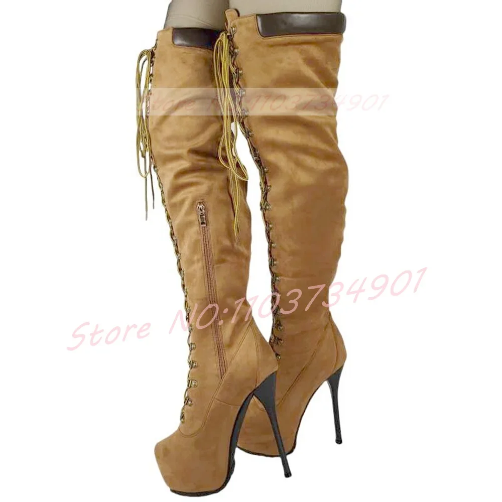 Yellow Platform Over-The-Knee Boots Women Lace-up Round Toe Metallic Button High Heels Boots Ladies Sexy Party Nightclubs Boots