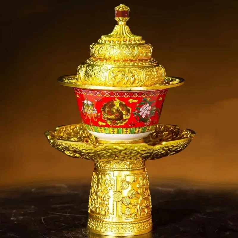 1Set Buddhist Tea Rack Copper,Tibetan Holy Water Cup,Painting Eight  Porcelain Bowl,Altars Buddhist Item Decorative