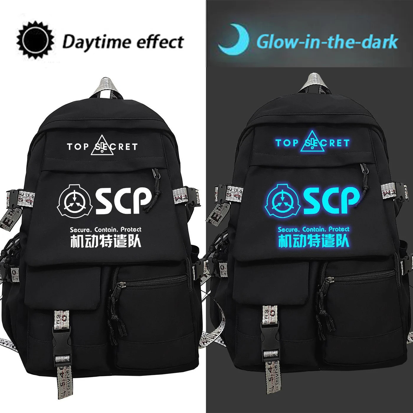 Glow-in-the-dark, Black, SCP Foundation, Student Kids Teens School Bags, Large Capacity Mochilas Anime Backpacks for Girls Boys