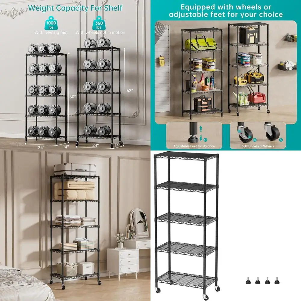 

Black Rolling Wire Storage Rack with Baskets for Home, Kitchen, Bathroom, and Garage Organization