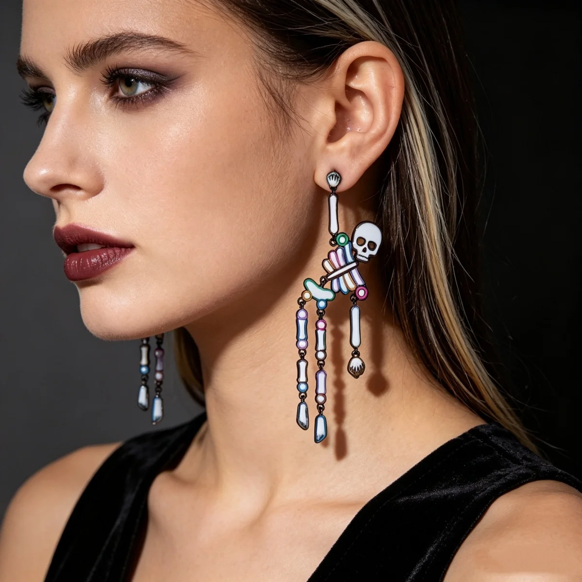 Gotische, dunkle, farbenfrohe Emaille-Totenkopf-Ohrhänger für Damen und Herren, Halloween-Strass-Skelett-Spinnen-Ohrhänger, Partyschmuck – Detail 7