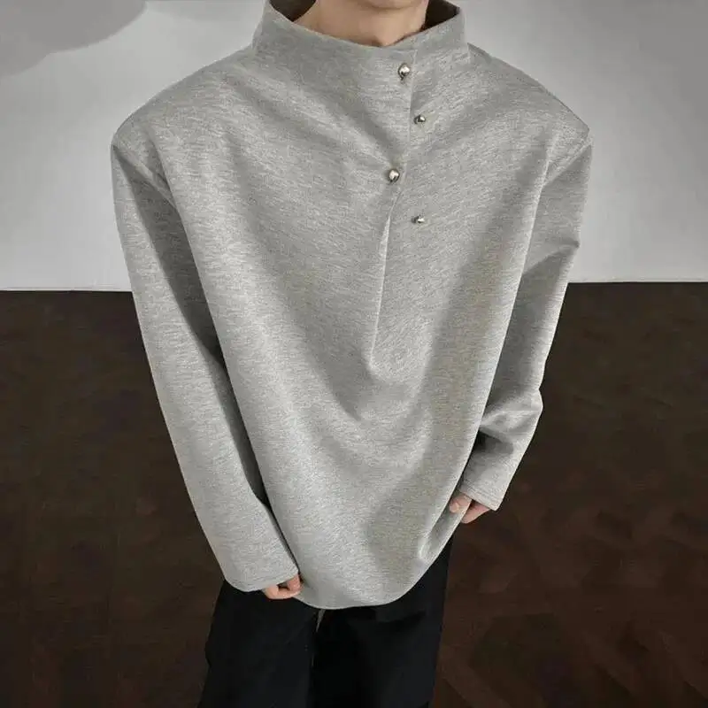 Autumn Men's Tees Irregular Design Mock Neck Solid Color Casual Tops Long Sleeved Korean Style Male T-shirts Chic 9LAIU