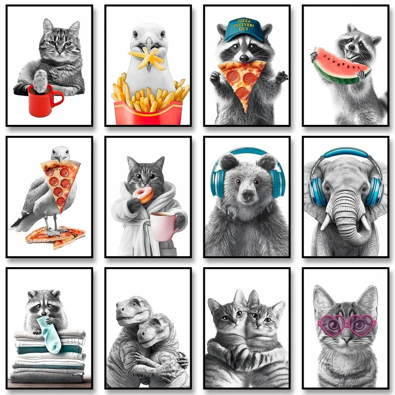 1pc frameless Canvas Painting Kitchen Decor Poster Animals and Donuts Print Kitchen Wall Art Picture Canvas Painting for Kids Ro