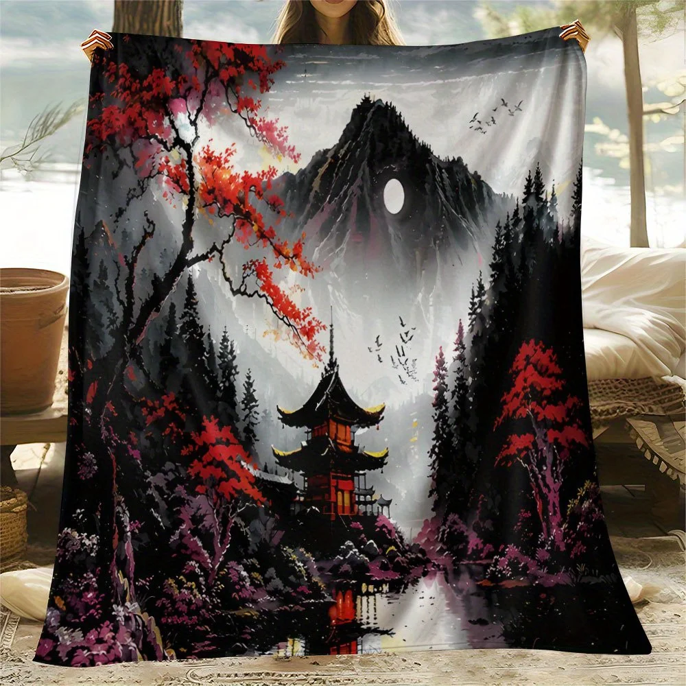 Premium Japanese Sakura Blossom Pagoda Throw Blanket Fleece Plush Cozy Home Decor Couch Throw Gift for Anime Lovers