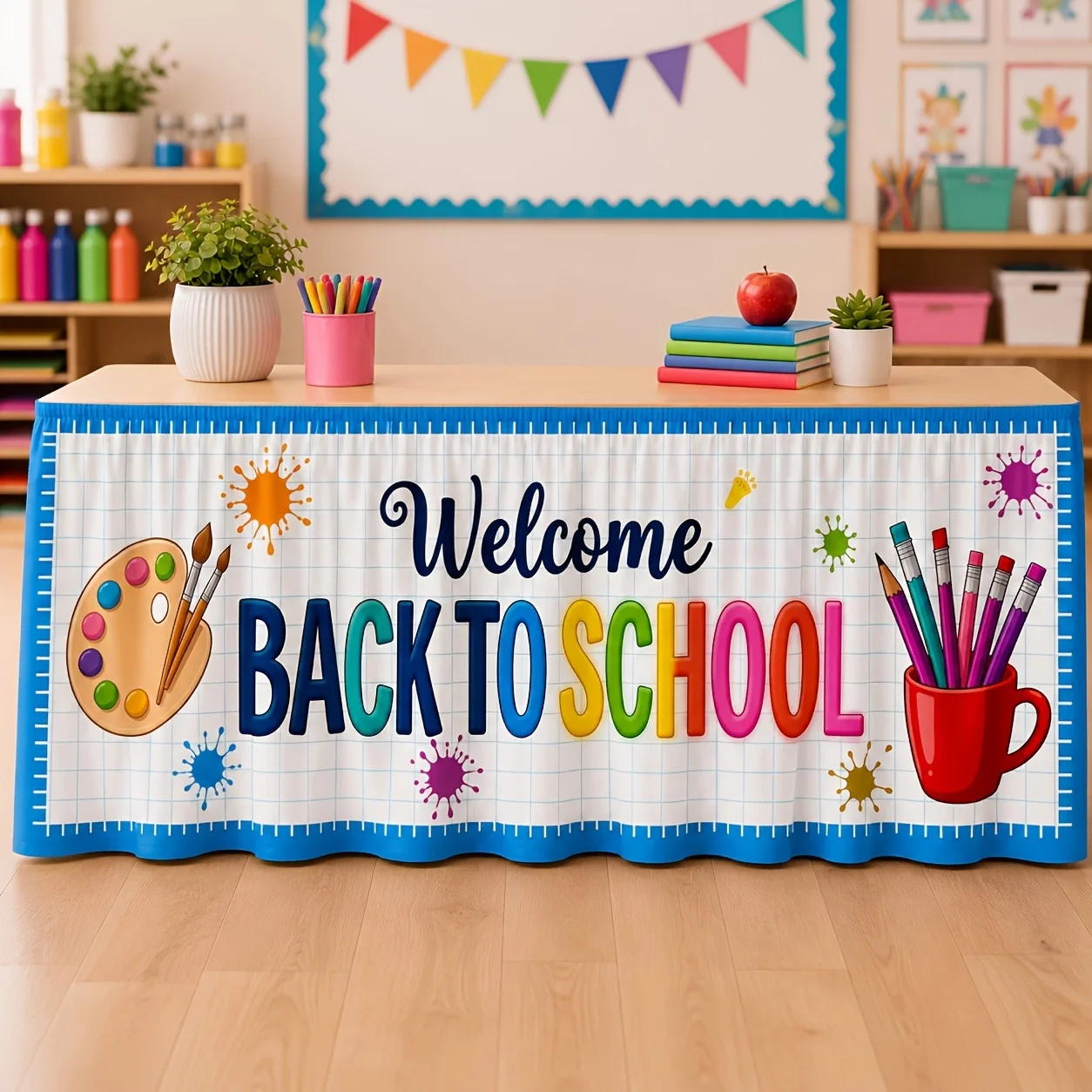 Pencil color palette art supplies grid pattern table skirt design, suitable for classroom party decoration, printed style