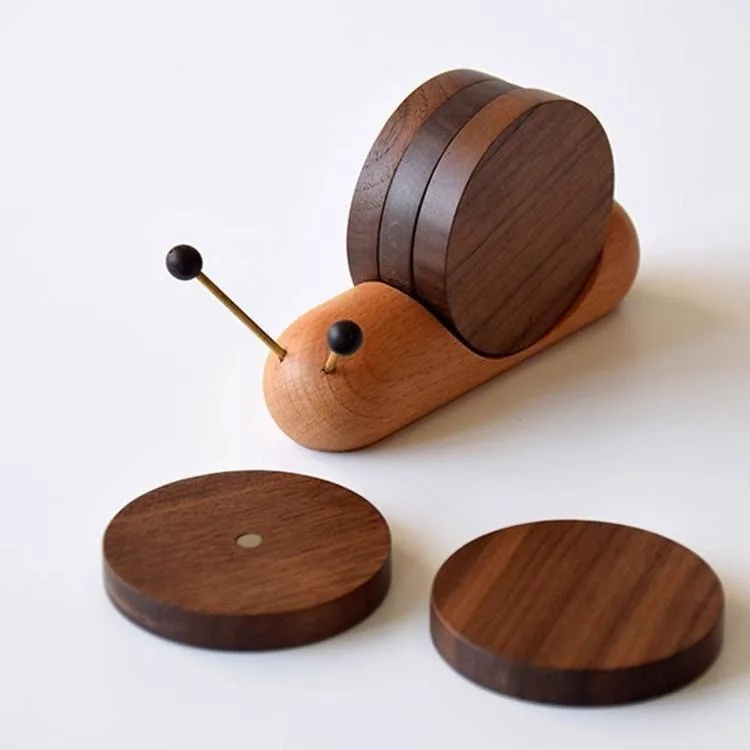 

HeMu Walnut Wood Snail Coaster Set,Natural Wooden Drink Coasters with Holder,Anti-slip & Heat-resistant,Creative Home Decor
