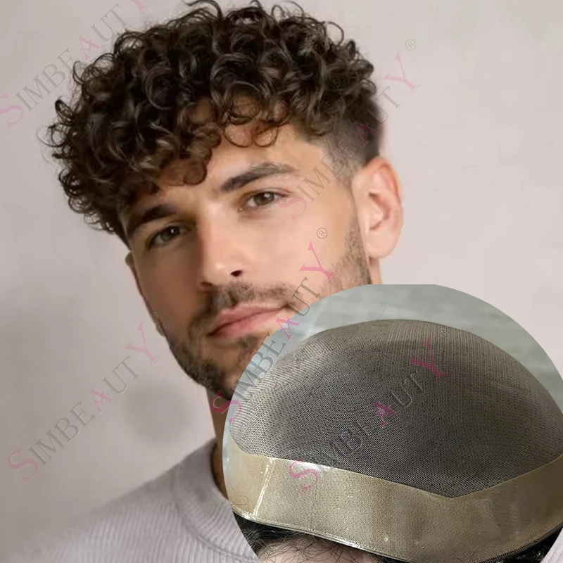 

Супернатуральный мужской парик-накладка из человеческих волос Super Natural Frontline 18 мм, черно-коричневый, с кудрями, прочный, на тонкой моноленте, афро-стиль