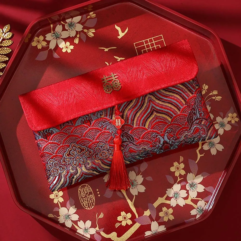 

New Year Blessing Words Brocade Red Envelope Spring Festival Embroidery 2025 Money Pocket Best Wishes Brocade Cloth Tassel