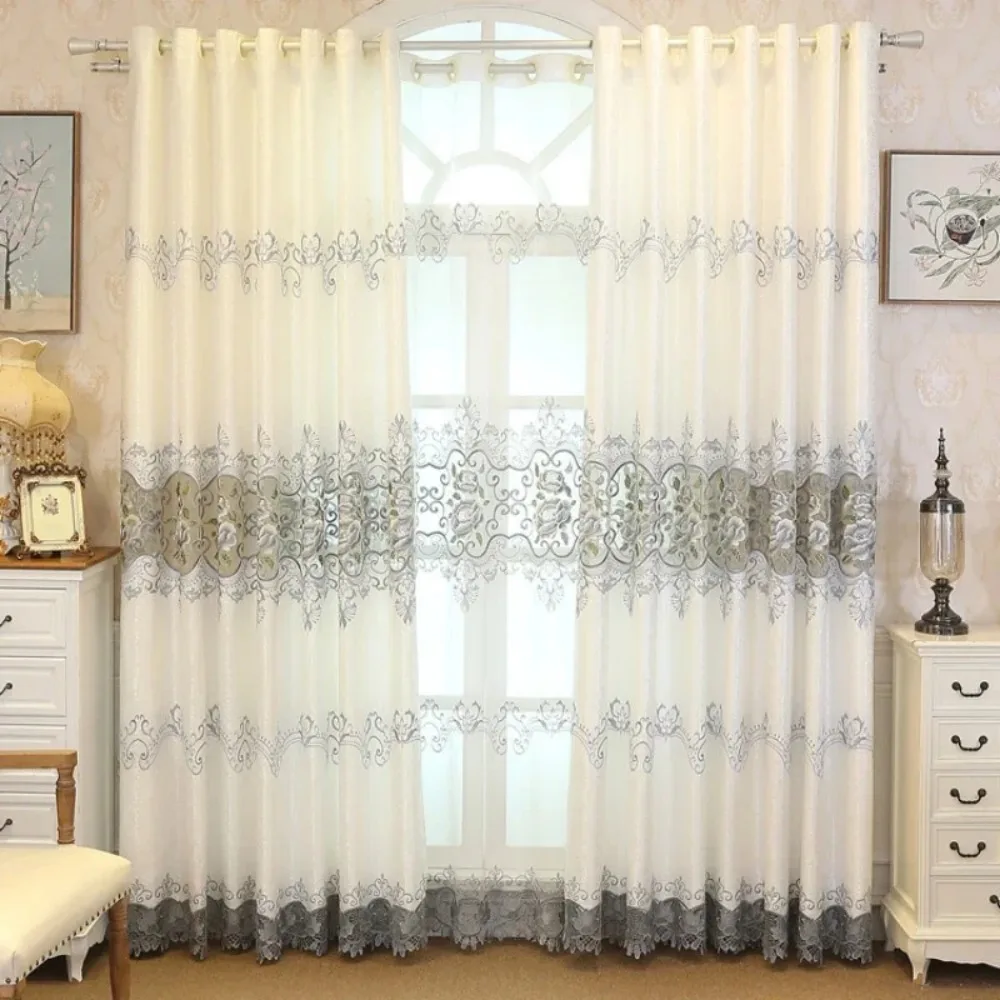 Nine Needle Peony Embroidered Curtains, Window Screens, Living Room, Bedroom, Bay Window, Balcony, Floor To Floor European Style