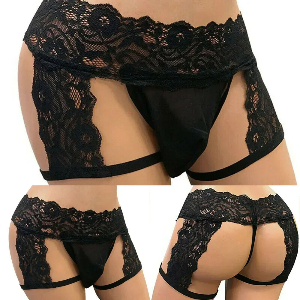 Men\'s Sexy Sissy Underwear Lace Thongs Enhance Pouch Bikini Briefs Underpants Men\'s Underwear Sexy Lace Three-point Leather