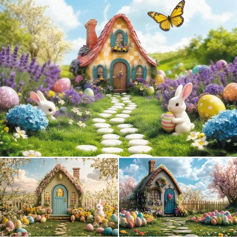 Spring Easter Backdrop Cottage Meadow Bunny Egg Flower Family Party Festival Indoor Decor Photography Background Studio Props