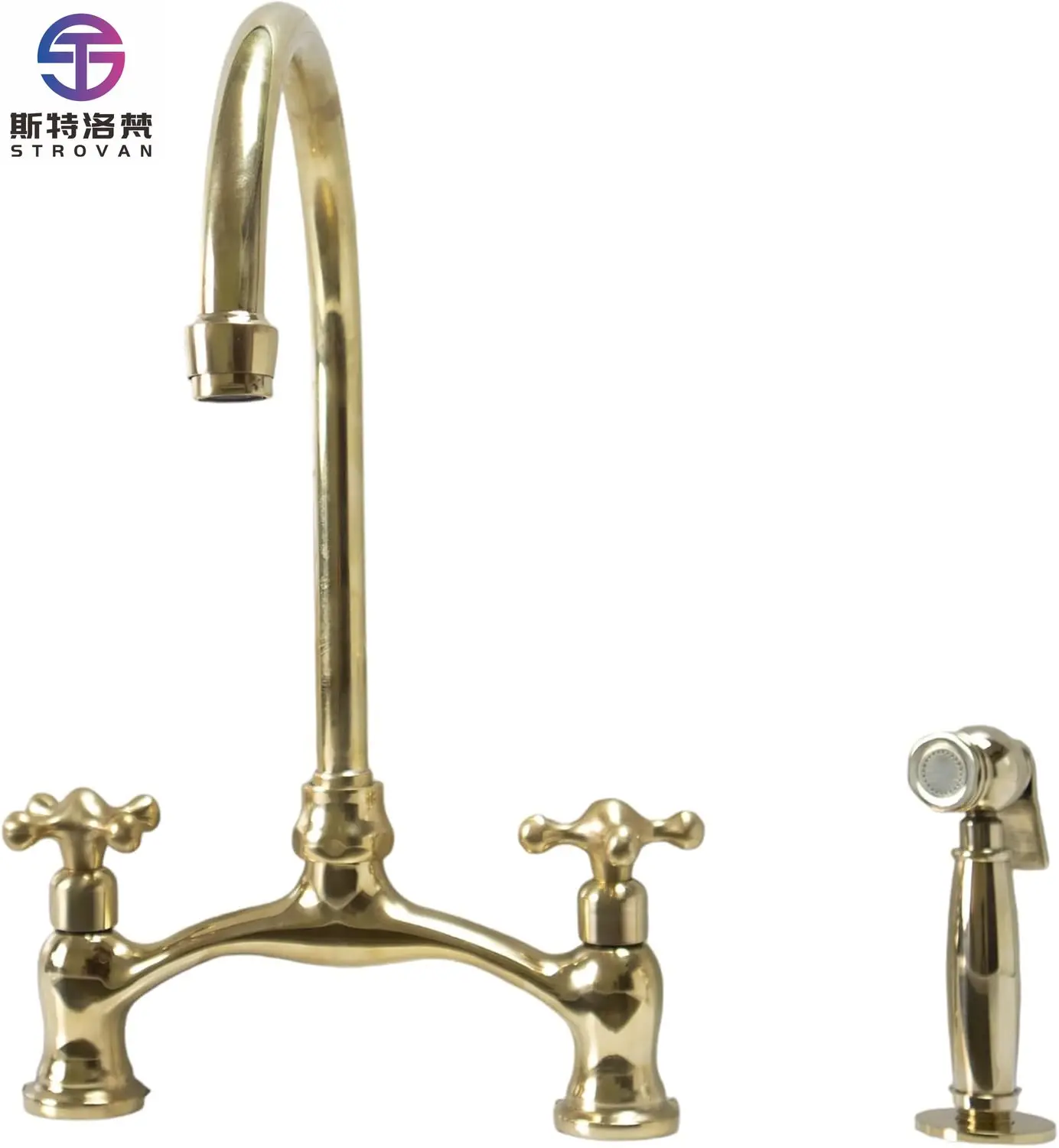 

Luxury Unlacquered Brass Kitchen Sink Faucet 2 Handle Bridge Kitchen Faucet Kitchen Tap with Sprayer