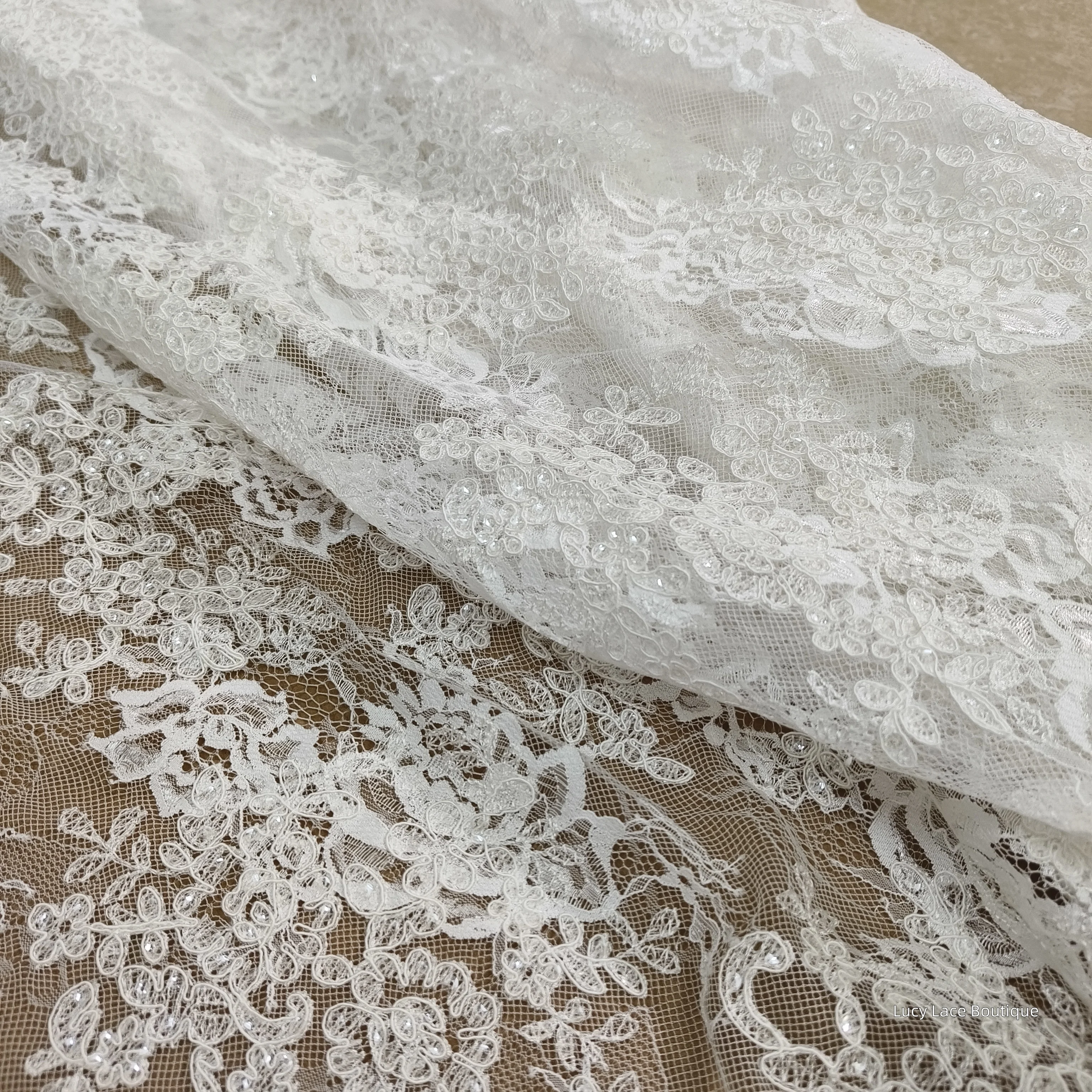 Wholesale Light Ivory Bride Embroidered Fabric Strong Cording French Lace Cord Lace Sequins 125CM Wide Super Luxury Chic Fabrics