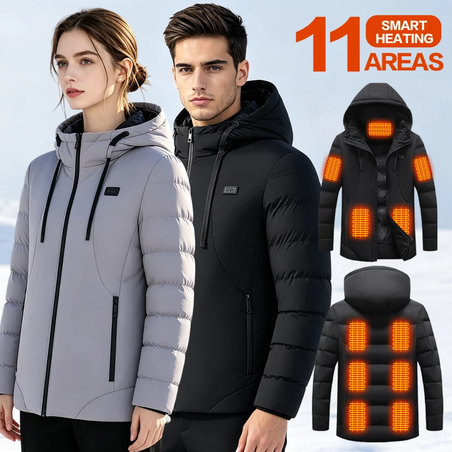 11 Heating Zones Electric Heated Hooded Jacket Dual‑Control Switch USB Rechargeable 3 Heat Modes Winter Warm Thermal Coat for Me