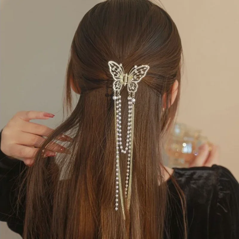 Exquisite Rhinestone Butterfly Fringe Hair Claw Korean New Ponytail Braid Pearl Hair Clip Girl Crab Metal Headdress Gift