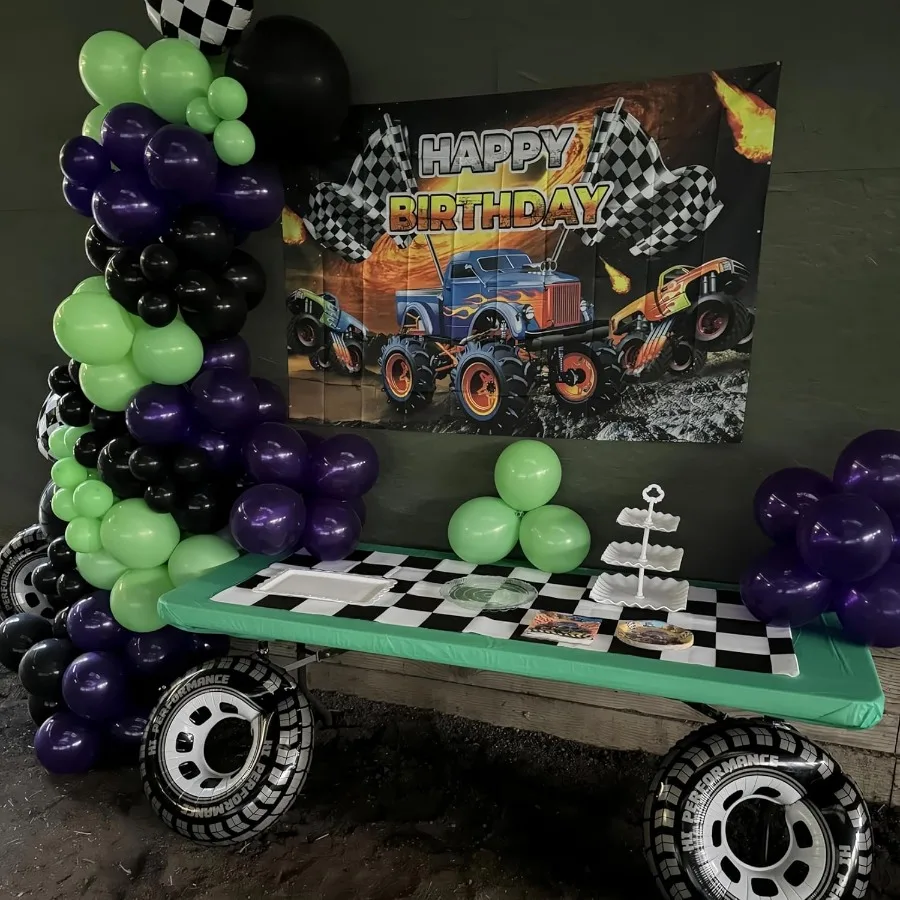 145Pcs Monster Truck Theme Purple and Green Black Balloon Garland Arch Kit with Big Wheels Checkered Foil Balloons for Truck Ra