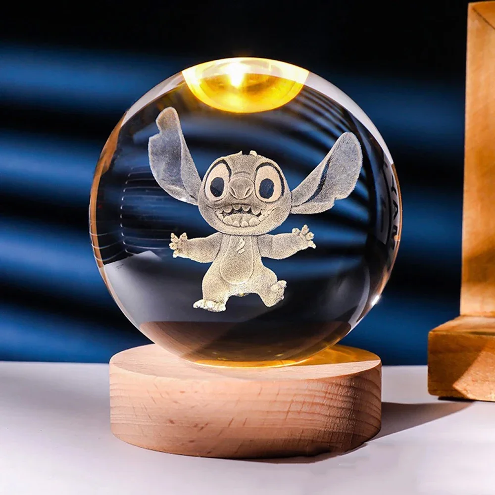 New Hot 6cm 3D Crystal Ball Stitch Pikachu Wooden base with 6cm crystal ball Planet Night Light Laser Carving Children's Gifts