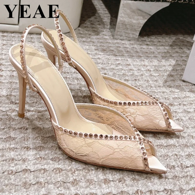 2024 Fashion Crystal High Heels Women Silk Mesh Sandals Luxury Designer Open Toe Party Shoes Ladies Back Strap Dress Pumps Women