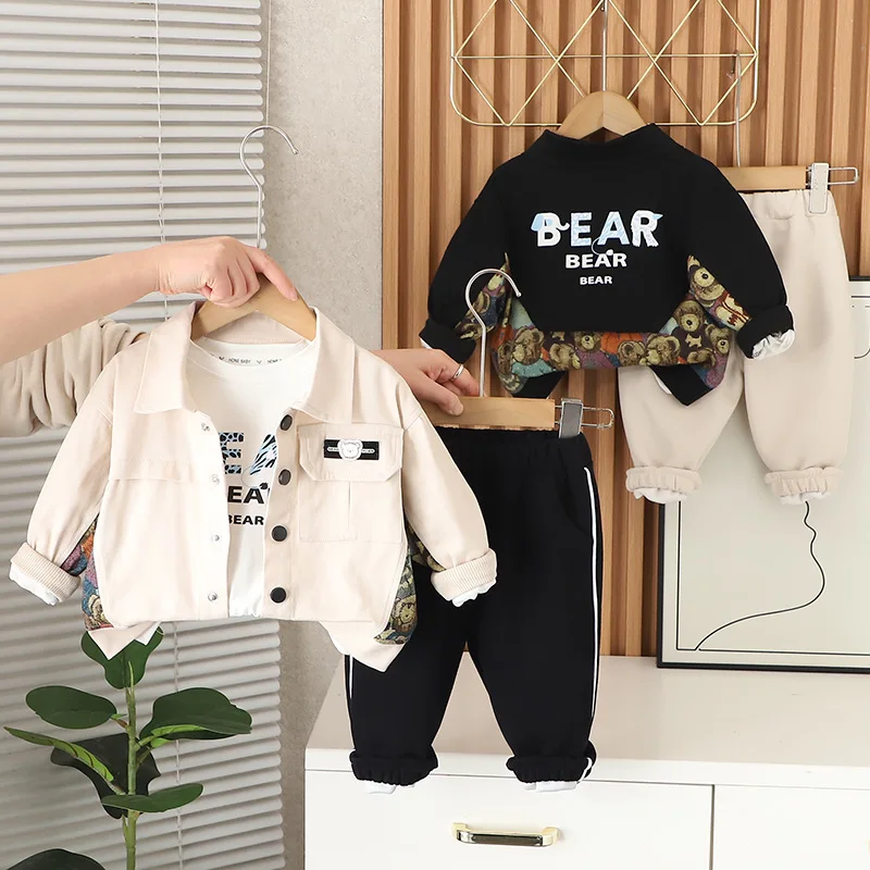

2025 Autumn Boys' Jacket Set 3-Piece Outfit Korean Style Colorblock Denim Coat T Shirts Pants Casual Toddler Clothes for Kids