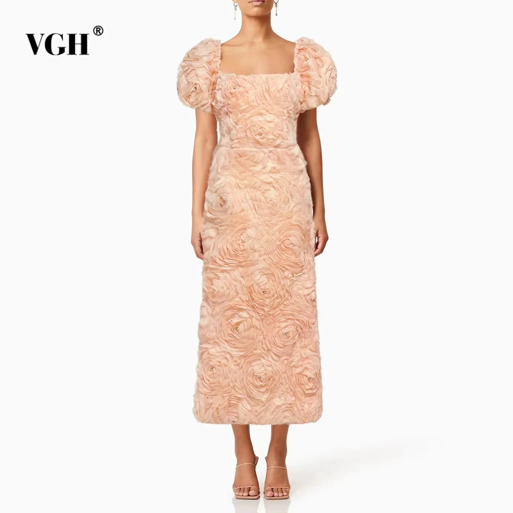 

VGH Solid Spliced Appliqres Evening Mid Dress for Women Square Collar Petal Sleeve High Waist Elegant Temperament Dresses Female