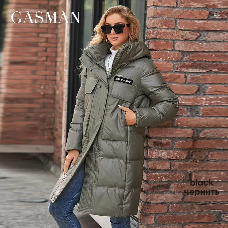 GASMA-Chaqueta de plumón para mujer, abrigo largo y cálido con cremallera, diseño clásico con cinturón y bolsillo, Parkas ajustadas con capucha,