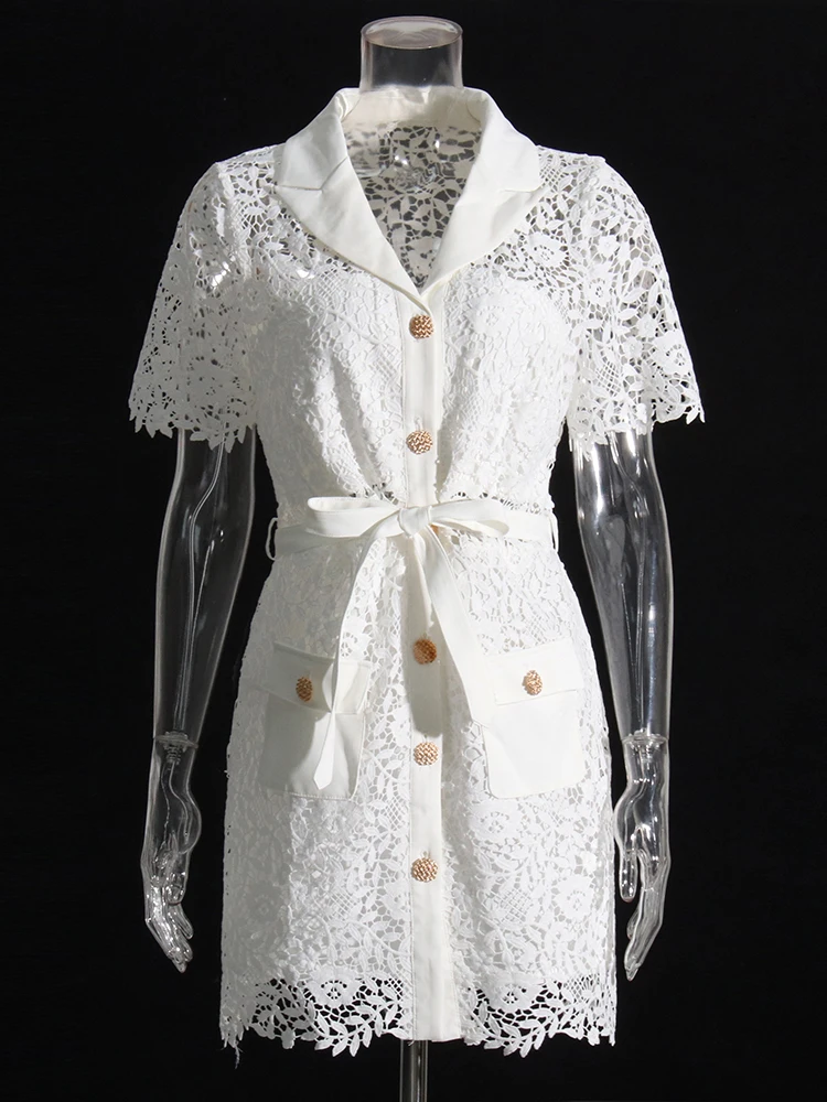 TWOTWINSTYLE Solid Spliced Bnutton Slimming Dresses For Women Lapel Short Sleeve High Waist Spliced Lace Up Dress Female Fashion