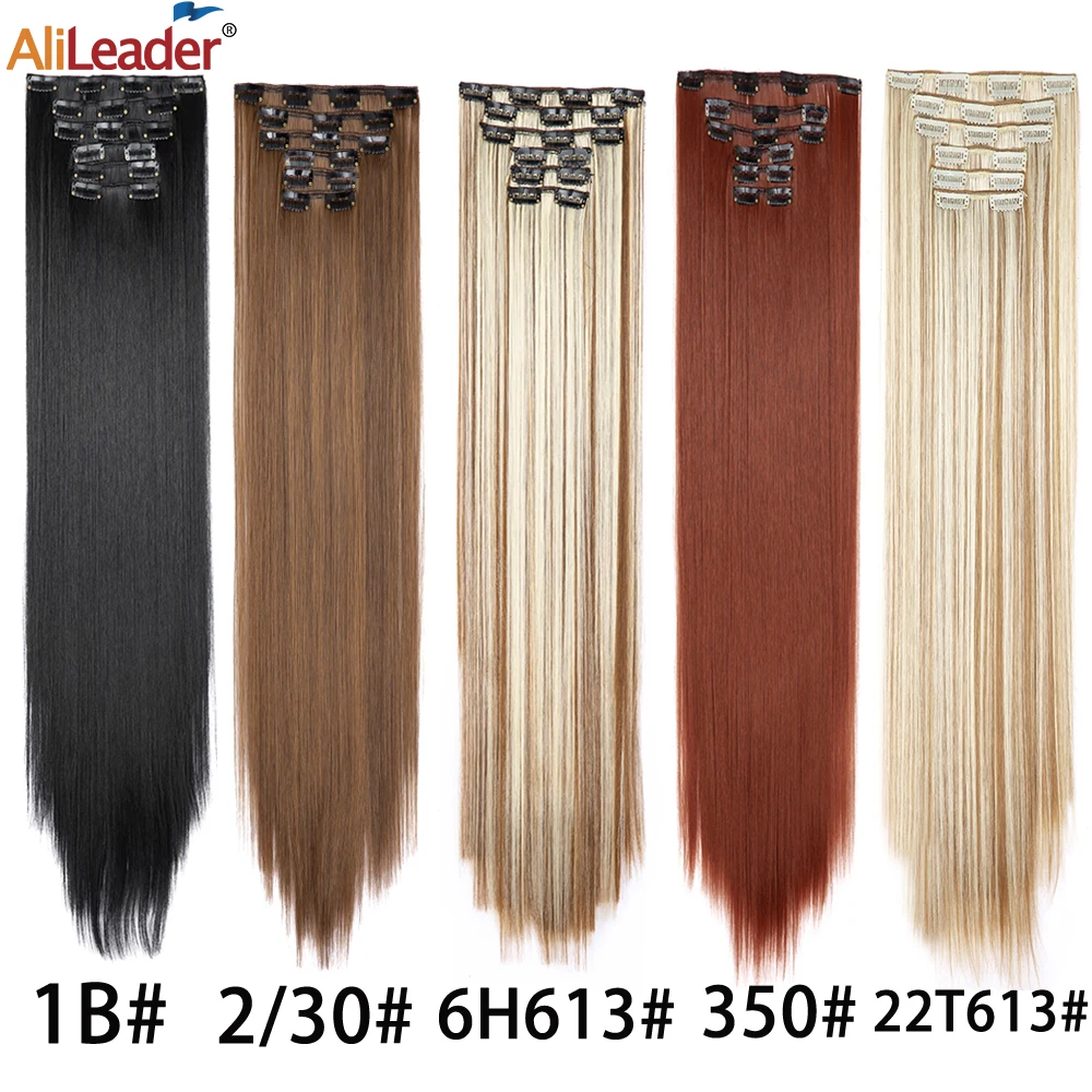 Black 75Cm Clip In Hair Extensions 30 Inch Long Straight 6Pcs/Set Hairpieces For Women Thick Synthetic High Tempreture Full Head