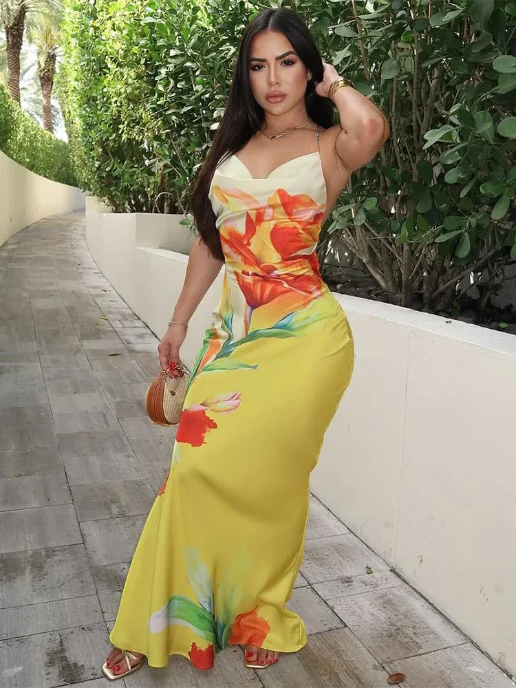 Floral impressão sexy rendas sem costas vestido feminino ruched gola balanço sem mangas robe férias tendência praia festa outfits