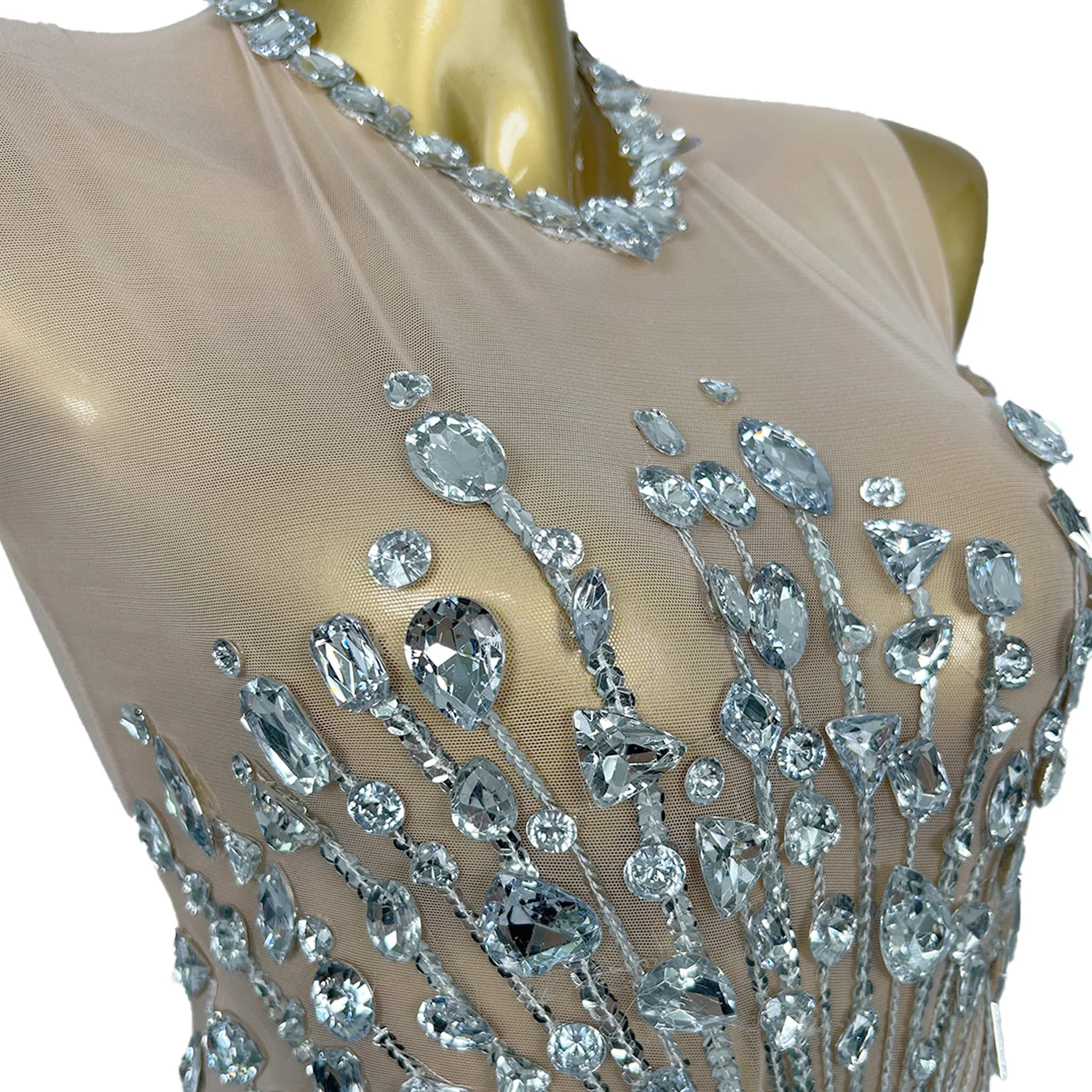 Shuihua-leotardo con flecos de lentejuelas y diamantes de imitación brillantes para mujer, malla transparente, traje de baile, ropa de escenario, traje de Club, Sexy