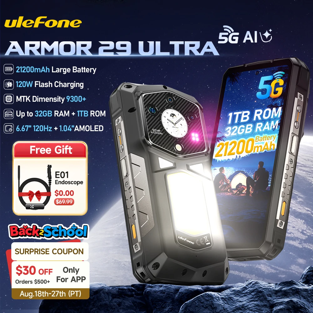 World Premiere Ulefone Armor 29 Ultra 5G AI Rugged Phone Dual Screen Dimensity 9300+21200mAh 120Hz 1TB ROM 64MP, NFC, Android 15
