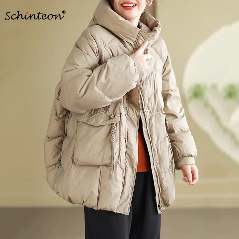 Schinteon Women Down Jacket Casual Loose Over Size Autumn Winter Outwear White Duck Down Warm Thick Coat with Hood 2026 New