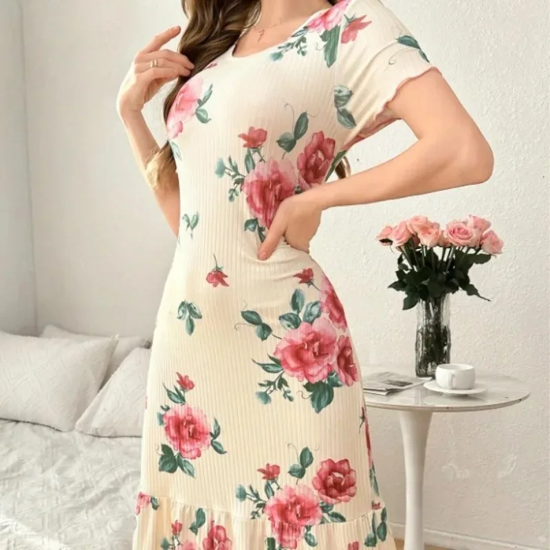 Newly Designed Printed Home Wear Women's Ruffled Printed Nightgown, Summer Round-neck Loose-fitting Comfortable Casual Dress