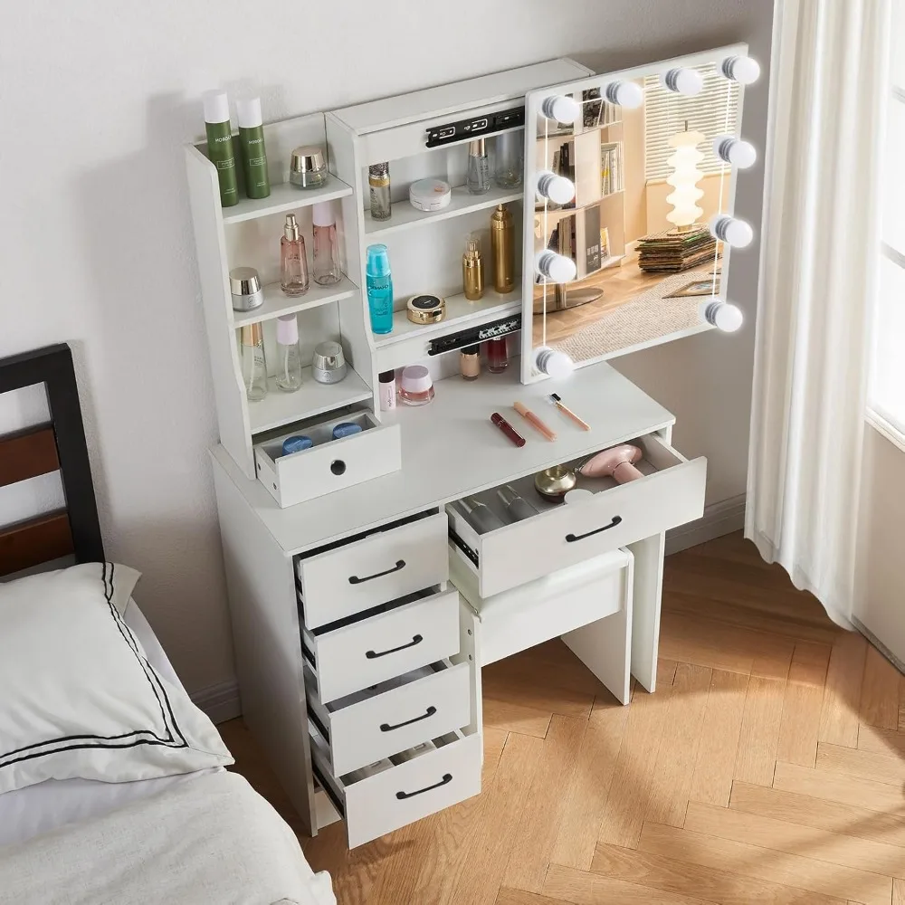 

Vanity Desk with Sliding Mirror and LED Lights, Dressing Table Set with 5 Storage Drawers, Makeup Table with Stool for Girls
