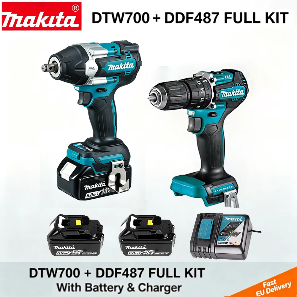 Makita 18V DTW700 Slagmoersleutel + DDF487 Boor- en Schroevendraaier Combo Kit met Makita 18V 6.0Ah Accu voor reparatiewerkzaamheden