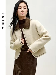 SENTUBILA Retro High Quality Woolen Coat Women Winter 2024 Straight Spliced Double-sided Short Cropped Overcoat Ladies W44O56056