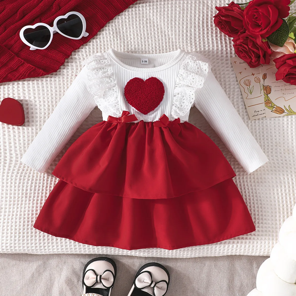 

Winter 2024 Girls Dress Girls Long Sleeve Ruffles Patchwork Heart Red Cute Preepy Look Birthday Party Dresses Vestidos 6M-3T