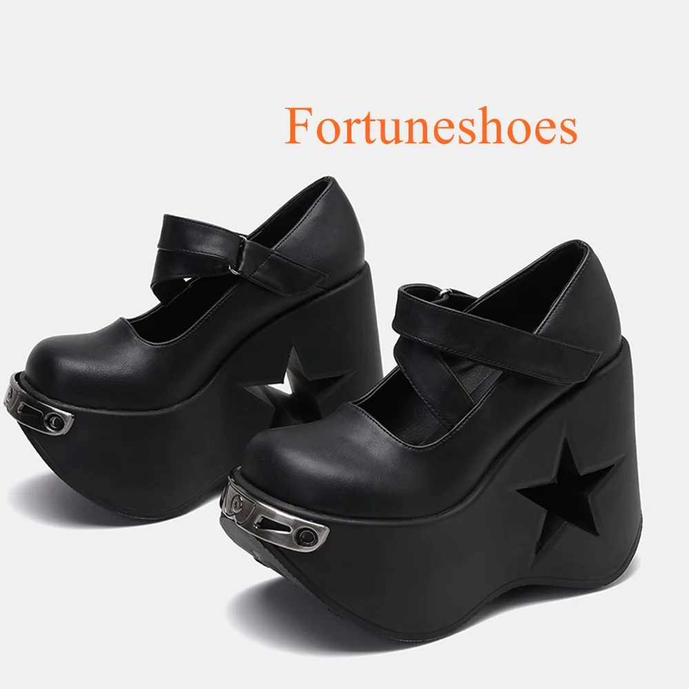 

Metal Decoration Solid Black Pumps Round Toe Hollow Wedges High Heel Shallow Pumps Fashion Casual 2025 New Arrivals Spring Pumps