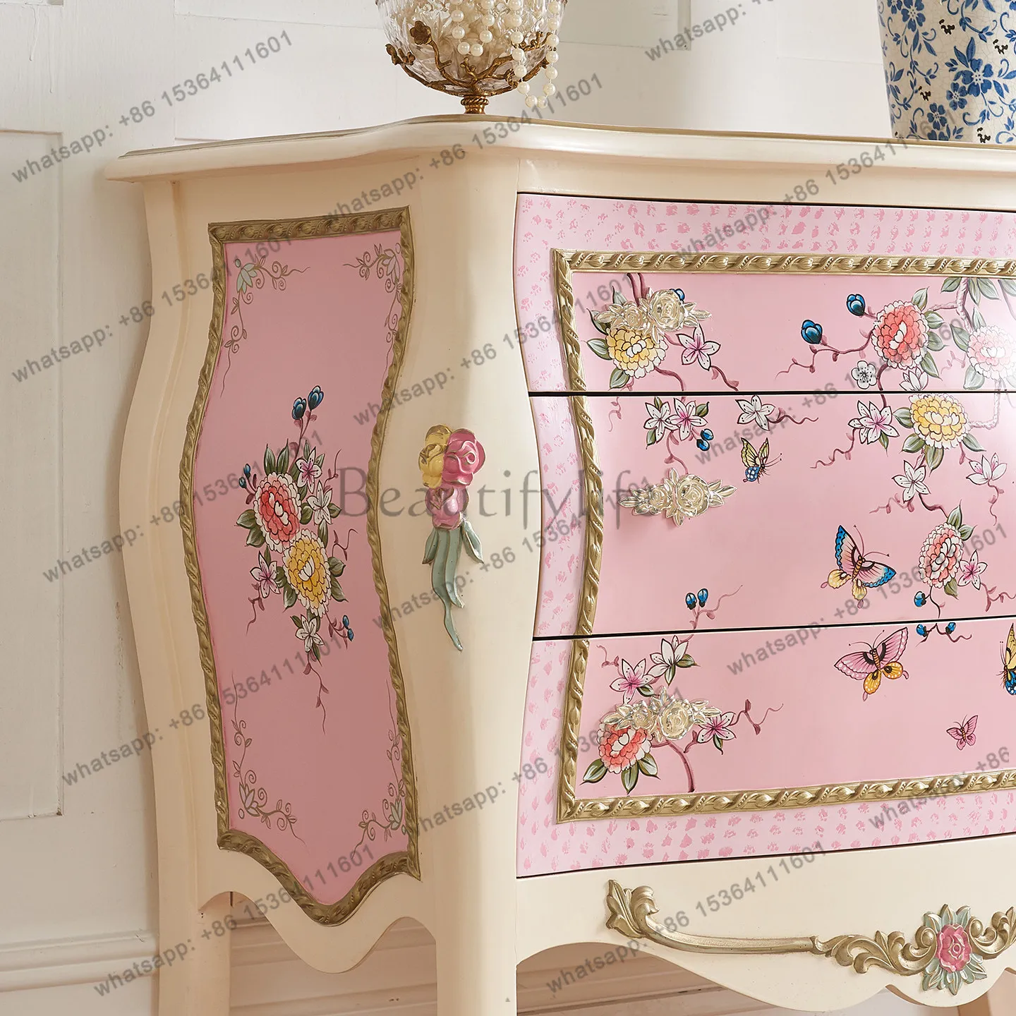 French princess style pink bedroom, bedside storage cabinet, living room entry foyer decoration entrance three-bucket cabinet